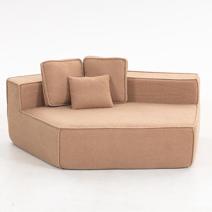 EPOFIT 1-Seater Teddy Fleece Modular Sofa Chair, Low-Profile Floor Seat with Wide Cushion and All-Foam Support, Left-Facing Design, Compressed Packaging – Brown