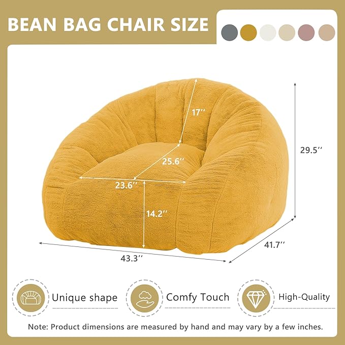Bean Bag Chair for Adults, Soft Faux Fur Giant Beanbag Chairs, Oversized Cozy Bean Bag Couch Large Reading Chair, Comfy Bean Bag Sofa for Living Room, Bedroom & Dorm, Yellow