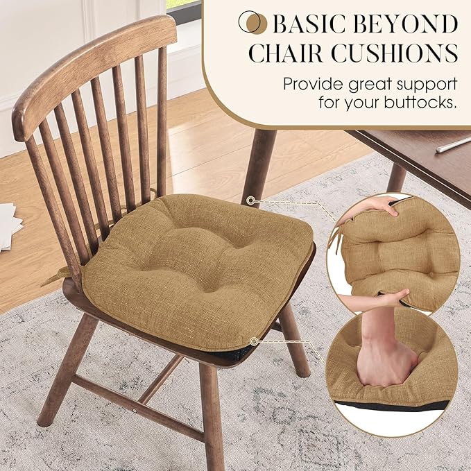 Basic Beyond Chair Cushions for Dining Chairs 4 Pack, Chair Cushion with Ties and Non Slip Backing, 15.5 x 15.5 inches Tufted Chair Pads for Dining Chairs(Taupe)
