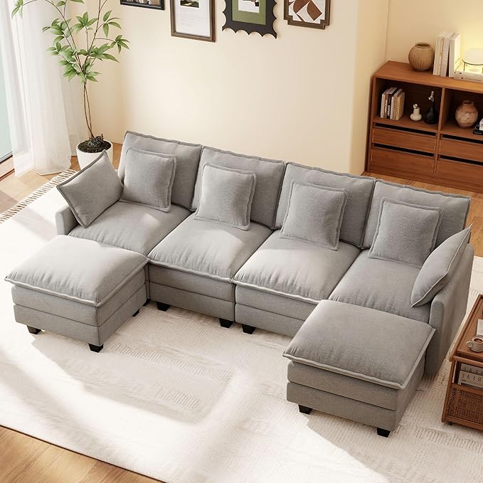 Ihanherry 106" U-Shaped Modern Sofa Modular Sectional Cloud Couch 6-Seat Chenille Seat Sofa with Ottoman for Living Room, Bedroom and Apartment, Grey