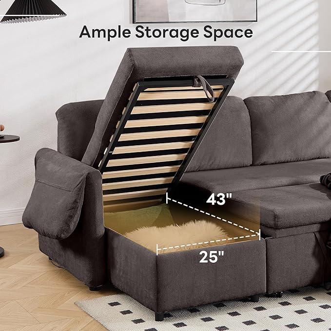 Tbfit 109'' Pull Out Sofa, Sleeper Sofa Bed with USB & 2 Storage Chaises, Comfy Oersized U Shaped Convertible Sectional Sleeper Couches for Living Room, Apartment, Office, Dark Gray