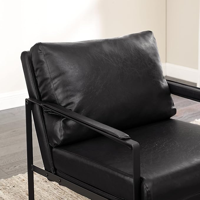 Zouron Mid Century Modern Accent Chair with Black Metal Frame, Upholstered Living Room Chairs with Pillow, Reading Armchair for Bedroom, Office, 1 Pcs, Black