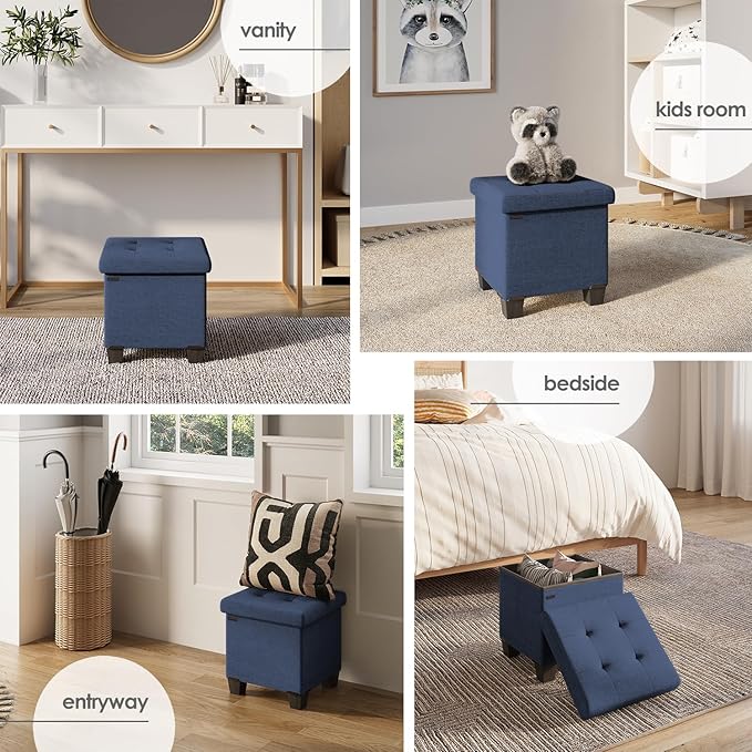 Storage Ottoman Cube with Small Bin, 16-in Square Ottoman with Storage for Living Room and Bedroom, Small Ottomans Foot Rest, Fabric Foot Stools Ottomans Max 330lbs, Blue