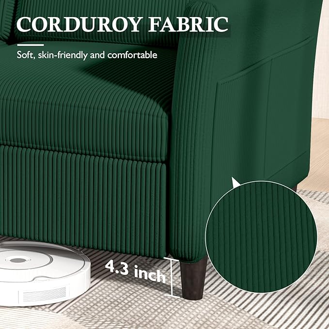 Valthie 79.1" Corduroy Loveseat Sofa, Modern Comfy Couches with Side Pocket, 3-Seater Sofa Couch for Living Room, Bedroom and Small Spaces,Green