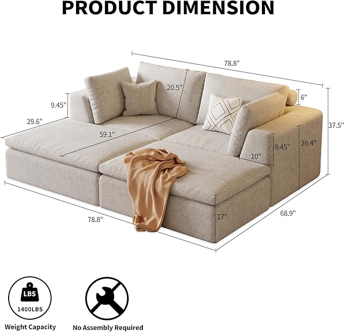 OTSLTSOO Cloud Couch Loveseat, 79" Boneless Deep Seat Sofa with 2 Ottomans, 2-Seater Modular Ergonomic Couch for Living Room, Memory Foam Comfy Sofa No Assembly Required (Beige,2 Ottomans)