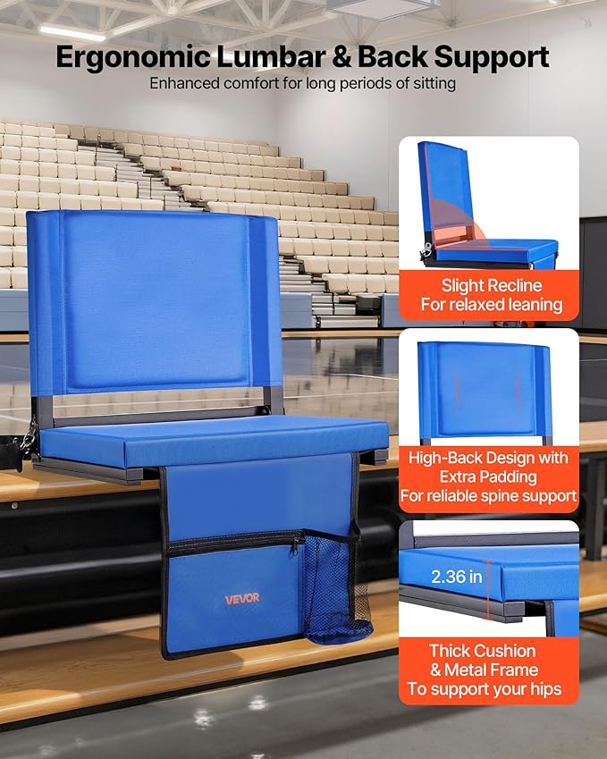 VEVOR Stadium Seat, Folding Bleacher Chair with Back Support and Thick Cushion, Padded Stadium Seat for Bleacher Includes Shoulder Strap, Hooks, Cup Holder, and Side Pocket, Blue Bleachers Chair, 1PCS