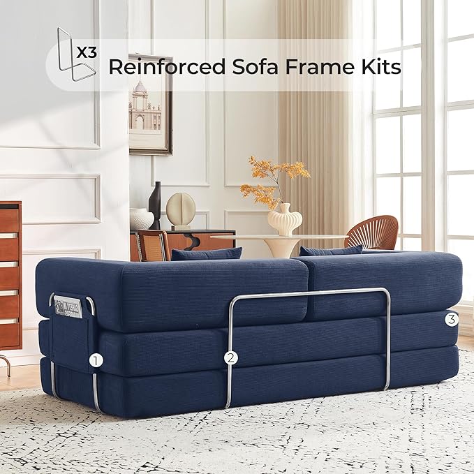 79" Convertible Sofa Bed with Pillows, Corduroy Folding Sleeper Sofa with Fixed-Shape Frame, Boneless Couch for Living Room Bedroom, Floor Sofa Lounge No Assembly Required (A - Style - Blue)