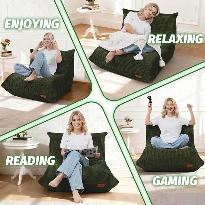 Bean Bag Chair,Giant Beanbag Chairs for Adults,Comfy Large Fireside Chair Lazy Sofa,Corduroy Bean Bag Lounger with Memory Foam Filled,Floor Sofa Couch for Home,Dorm,Living Room (Green)