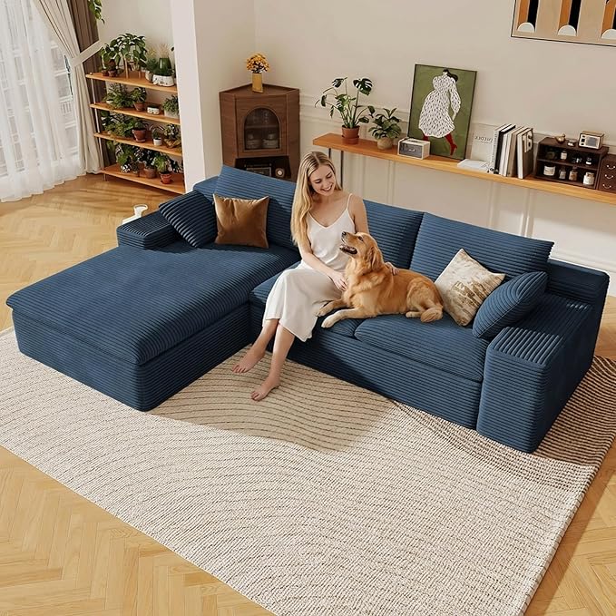 107" Cloud Sectional Couch with L-Shape Chaise, Modern Corduroy Viral Boneless Sofa for Living Room,Memory Foam Couches in a Box with Deep Seat,No Assembly Required (Blue,Left-Facing Chaise)
