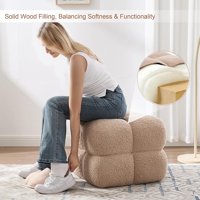 Zesthouse Square Pouf Ottoman, Modern Ottoman Coffee Table for Living Room, Fuzzy Sherpa Stool Foot Rest, Upholstered Tufted Stool for Couch, Tan