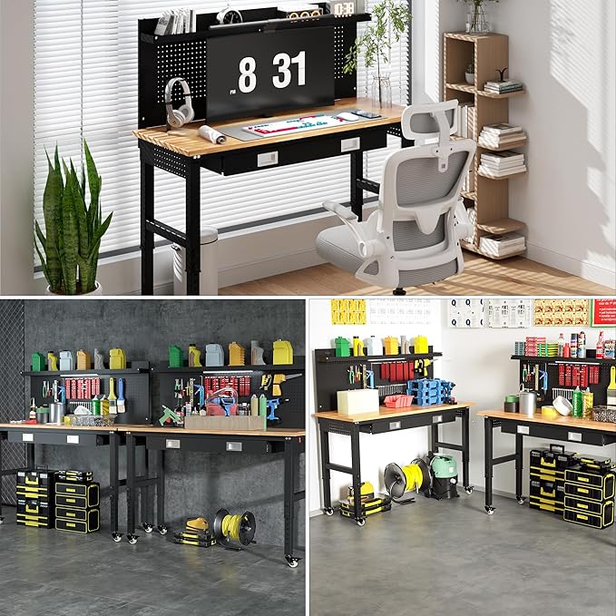 Betterhood 60" Heavy Duty Adjustable Workbench with Large Pegboard & LED Light, Adjustable Work Table with Power Outlets & Lockable Wheels, Rubber Wood Workstation for Garage, Workshop, Office, Home