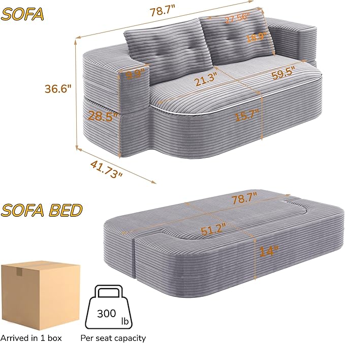 79" Foldable Floor Couch, 2-Seat Convertible Sleeper Sofa with Blanket and 2 Soft Pillows, Corduroy Fabric, for Living Room, Bedroom, Apartment, No Assembly Required, Light Grey