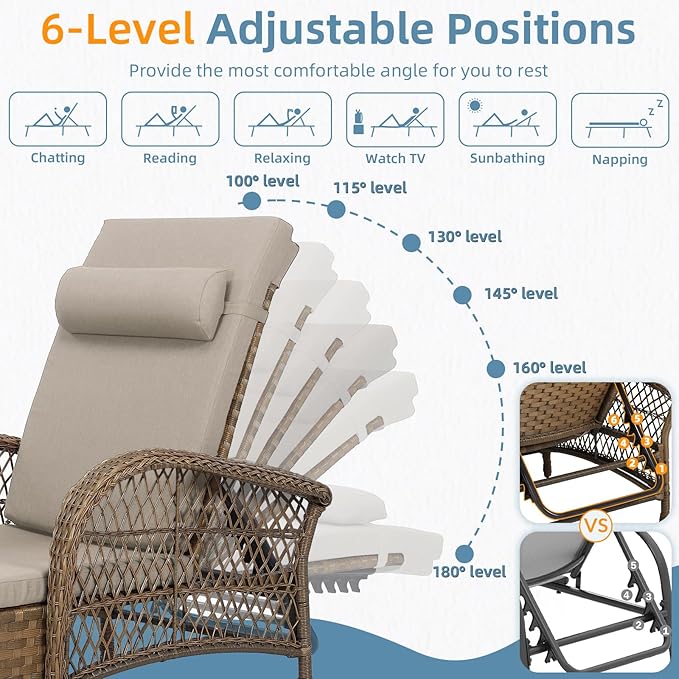WINGTU Outdoor Chaise Lounge Chair, PE Wicker Long Recliner Patio Lounge Chair with Cushion, 6-Position Patio Reclining Sun Lounger with Adjustable Backrest for Poolside, Armrest & Pillow, Beige