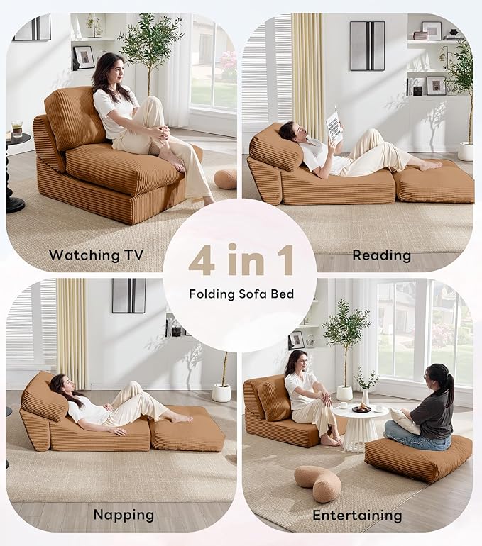 Tbfit 35.8'' Folding Sofa Bed, Convertible Sleeper Chair with Large Pillow, Corduroy Folding Couch Bed, Portable & Foldable Mattress Boneless Floor Sofa Set of 2, Brown