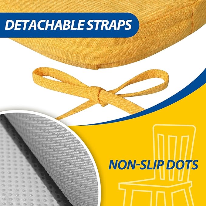 AAAAAcessories D-Shaped Chair Cushions, 2" Thick Dining Chair Pads with Ties and Removable, Machine-Washable Cover, 17" x 16", Golden Yellow