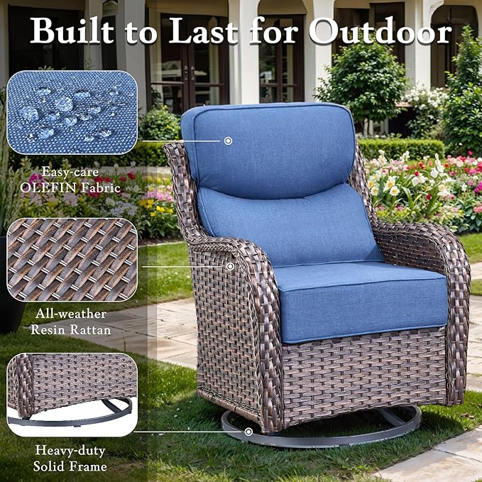 moosprr Luxury High Back Outdoor Furniture with 6-inch Extra Thick Cushions, Patio Furniture Set with Swivel Chairs, 5 PCS Wicker Conversation Set for Yard, Patio, Deck, Poolside, Brown/Blue