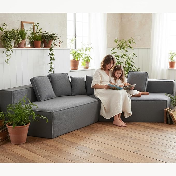 EPOFIT 132'' Oversized Teddy Fleece Modular 2-Seater Sofa, Compressed All-Foam Floor Couch with 6 Cushions, Low-Profile Cozy Sectional Sofa for Living Room & Apartment – Blue Gray