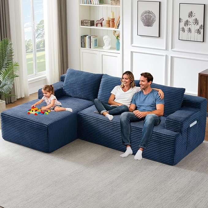 96.1" Modular Sectional Sofa Couches L-Shape Couch 3 Seat Modular Sofa Corduroy Memory Foam Sectional Boneless Couches for Living Room, Cloud Couch with Oversized Chaise(Blue, Left Facing)