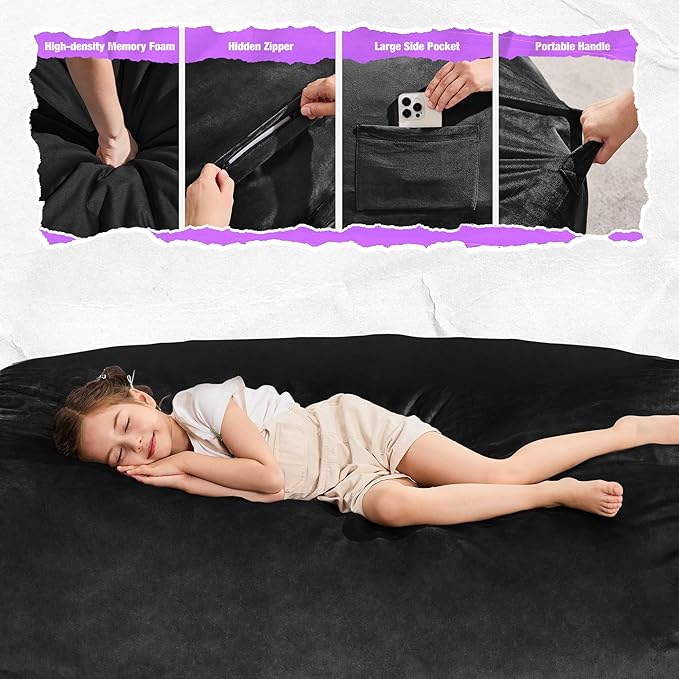 Hobestluk 4FT Bean Bag Chair Large Beanbag with Removable Cover Adult Bean Bag Chair with Portable Handle Desgin for Living Room Bedroom (Black, 4FT)