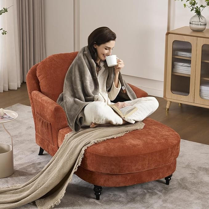 Chaise Lounge Chair Indoor, 59.8"Oversized Couch Reading Chairs, Chenille Comfortable Deep Sleeping Single Sofa, Upholstered Modern Couch Sofa Bed for Living Room, Bedroom & Apartment (Orange)