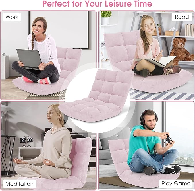 IFANNY Floor Chair with Back Support, Foldling Gaming Sofa Chair with Comfy Cushion, Adjustable 14-Position Meditation Chairs, Lazy Lounge Recliner Reading Seat for Adults, Kids (Light Pink)