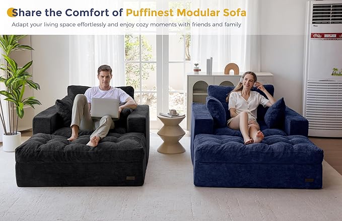 MAXYOYO Oversized Chaise Lounge Sofa, Upholstered Lounge Chair with 3 Pillows, Tufted Boneless Sofa Couch with Ottoman, Deep Seat Sleeper Chair for Living Room, Bedroom, No Assembly, Navy