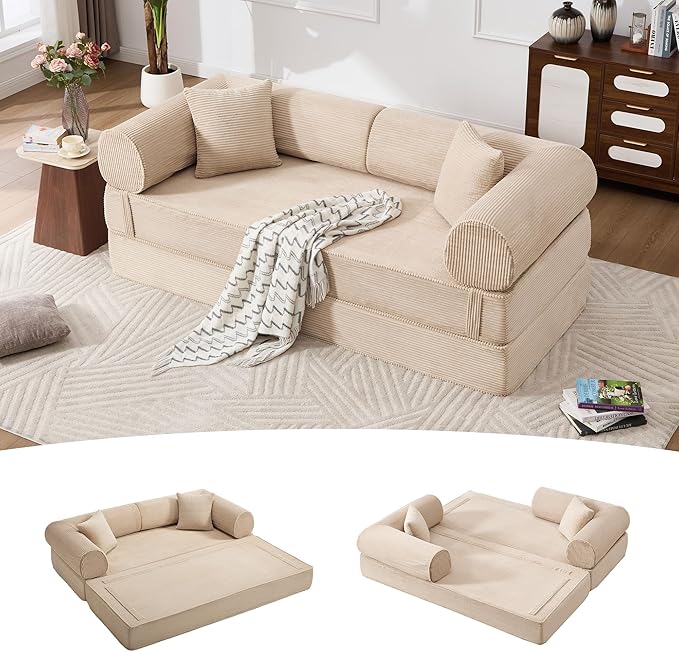 Tbfit 79'' Convertible Sofa Bed, Oversized Corduroy Folding Boneless Couch, Futon Mattress Sleeper Sofa, Comfy Foldable Upholstered Floor Couches for Living Room, Khaki