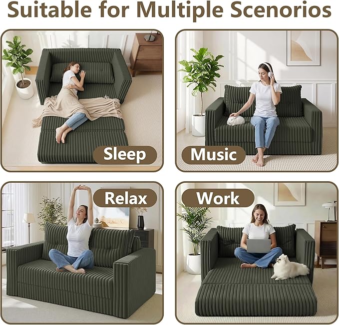 HABUTWAY Folding Sofa Bed, 2 in 1 Convertible Sleeper Chair with Pillow, Portable Fold Out Chair Bed with Armrest, Comfy Floor Couch, Lazy Sofa for Living Room Bedroom Dorm Home Office, Green