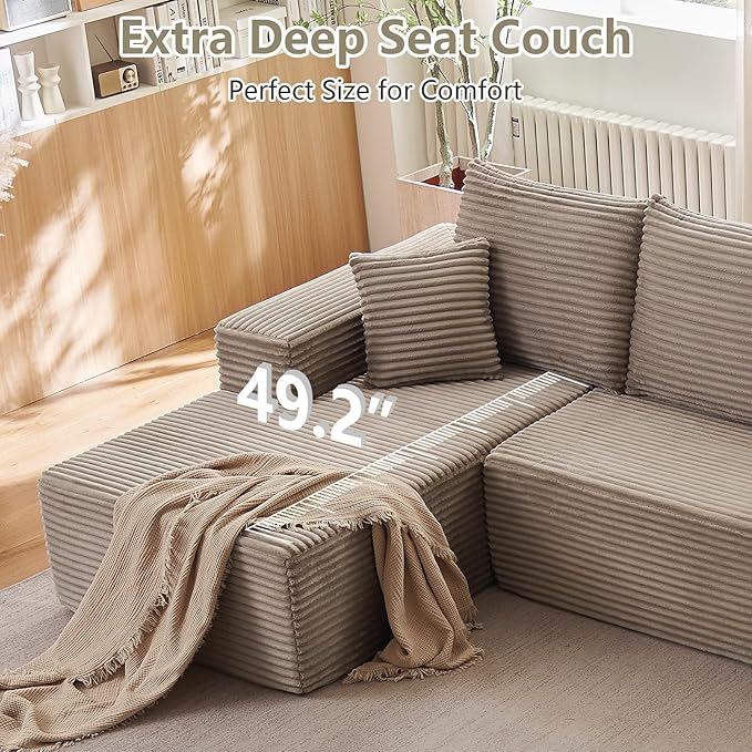 Sectional Cloud Couch for Living Room, Stupendous U Shaped Sofas, Modular Floor Deep-Seat Sofa, Big Comfy Corduroy Couches Set with Fluffy Memory Foam, No Assembly Required, Camel