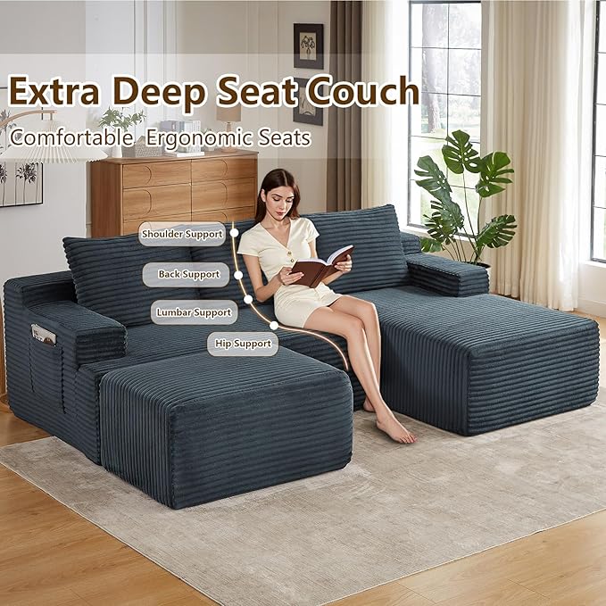 96" U-Shape Cloud Couch, Modern Modular Sectional L-Shape Sofa with Ottoman, Corduroy Upholstered Couches Deep Seat Sleeper Chaise Longue for Living Room, No Assembly Required(Dark Gray, Right Facing)