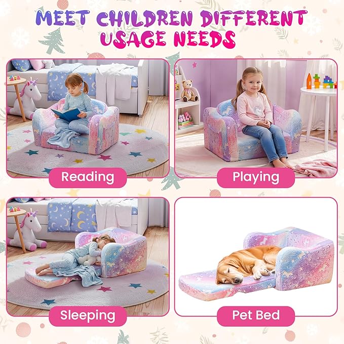Lamerge 2-in-1 Soft Toddler Couch Fold Out,Foldable Toddler Chair, Glow in The Dark Kids Sofa for playroom,Convertible Foam and Floor Cushion for Boys and Girls (Pink and Clouds)