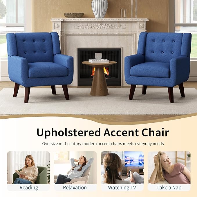 Accent Chairs, Mid-Century Modern Upholstered Living Room Armchair, Comfy Oversized Linen Fabric Single Reading Arm Chair with Tufted Back and Wood Legs for Bedroom, Club (1, Navy)