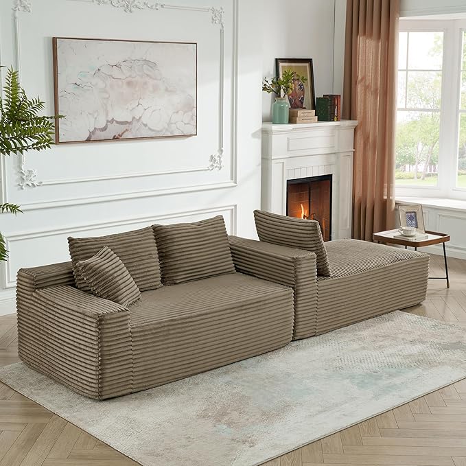 HYJT-H&K Modular Sectional Sofa Cloud Sectional Couch, 95" Comfy Fluffy L Shaped Brown Couches for Living Room, Deep Seat Memory Foam Plush Corduroy Boneless Couch Sectionals Right Facing Chaise Sofa