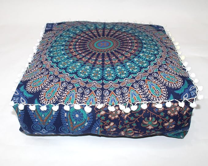 CRAFT KALA Blue Peacock Large Hippie Mandala Meditation Floor Ottoman Pillow Cushion Pouf Cover Square Poufs Bohemian Circle Floor Cushion Case Outdoor Fireplace Living Room Decor Cover 24" Square