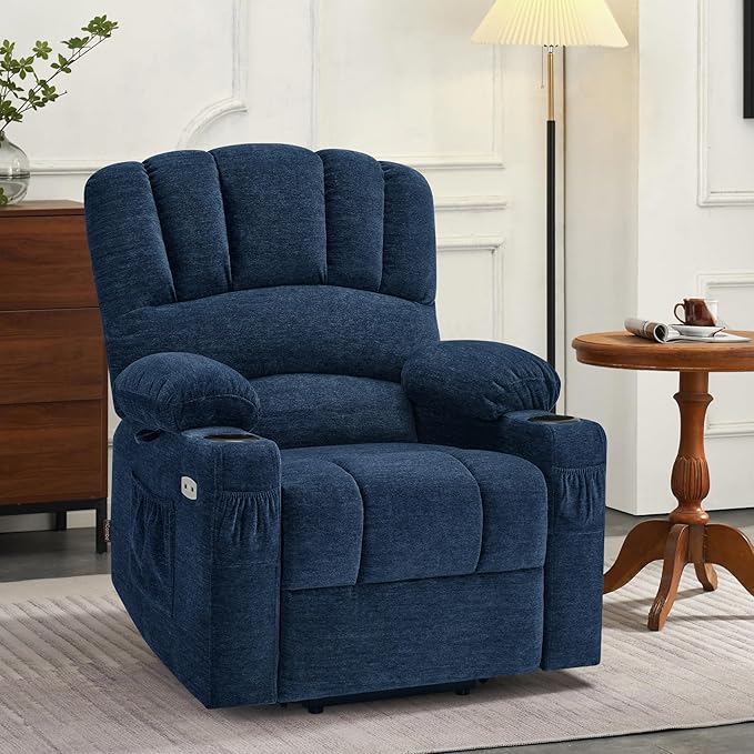 MCombo Power Lift Recliner Chair for Elderly, Lift Chair with Heat and Massage, USB &Type C Ports, Cup Holders, Fabric 7095 (Medium, Navy Blue)
