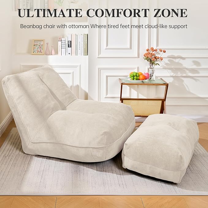 Cvortll Bean Bag Chair with Ottoman, Comfy Bean Bag Sofa with Memory Foam, Lazy BeanBag Sofa with Footstool, Fireside Bean Bag Couch for Living Room, Bedroom, Apartment (Off White)