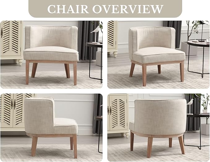 Comfy Barrel Chair Mid-Century Modern Accent Chair with Solid Wood Leg Upholstered Reading Arm Chair Linen Fabric Waiting Room Round Side Chairs for Small Spaces Living Room Bedroom Office, Beige