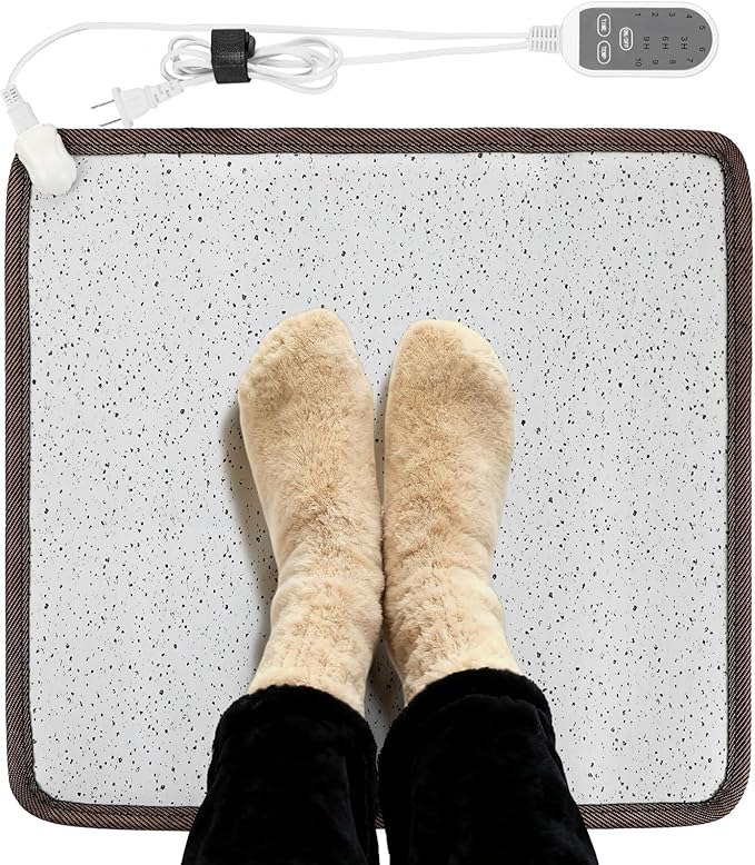 Heated Floor Mat - White Foot Warmer Under Desk, 19.7x21.7in Heated Feet Rest for Home Office Desk, Winter 110V Electric Heating Pad with 3 Timers & 10 Adjustable Temperature
