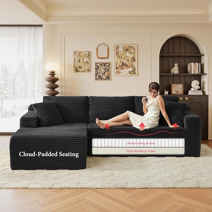 105" Sectional Couches for Living Room Cloud Couch Sofa with L-Shape Upholstered Boneless Couchs Modern Modular Sectional Couch with Chaise (Black, 105" W+Left Facing Chaise+2Seaters)