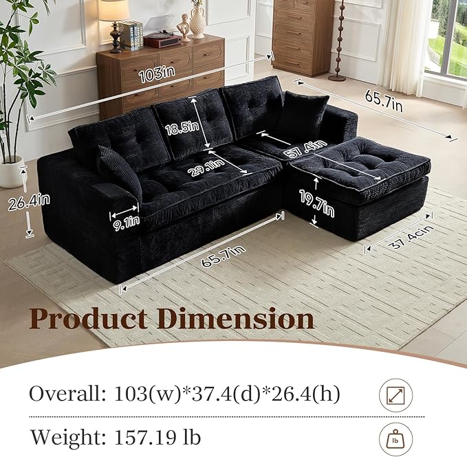 Cloud Couches for Living Room, Modern Modular Sectional Sofa with L-Shape Chaise, Boneless Couch with Deep Seat, Plush Corduroy, No Assembly Required (Black)