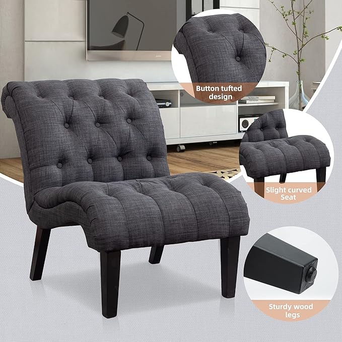 Yongqiang Accent Chairs Set of 2 Upholstered Living Room Bedroom Side Chairs Curved Button Tufted Armless Lounge Chair with Wood Legs Gray Fabric