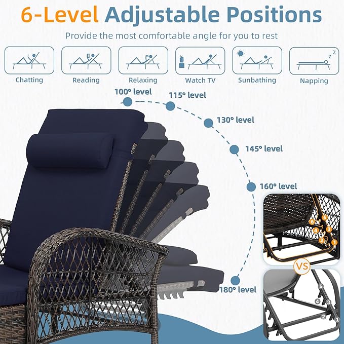 WINGTU Outdoor Chaise Lounge Chair, PE Wicker Long Recliner Patio Lounge Chair with Cushion, 6-Position Patio Reclining Sun Lounger with Adjustable Backrest for Poolside, Armrest & Pillow, Navy Blue