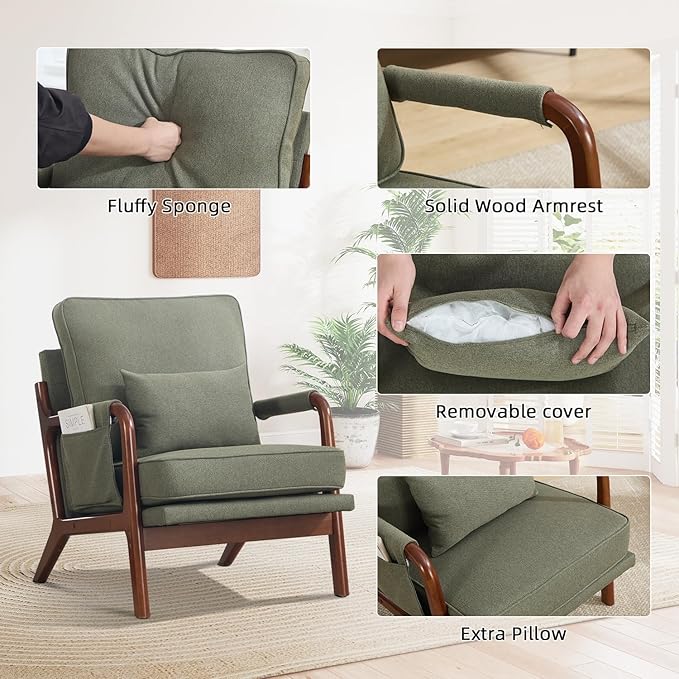 CANMOV Mid Century Modern Accent Chair with Extra Side Storage Pocket Upholstered Reading Armchair with Waist Cushion, Accent Chair for Living Room Bedroom, Easy Assembly, Green
