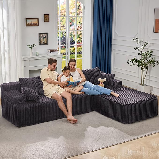 Modular Sectional Sofa Couches L-Shape Couch 3 Seat Modular Sofa Memory Foam Sectional Couches for Living Room, Cloud Couch with Oversized Chaise (Grey Stripe, 108" Right Facing Chaise)
