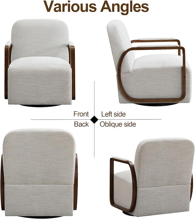 CACFTII 32" Chenille Upholstered Swivel Accent Chairs Set of 2, 360° Rotating Metal Base Modern Lounge Chair with Wooden Armrests for Living Room Bedroom, Beige