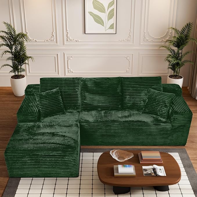 Modular Sectional Sofa Cloud Sectional Couch, 107" Comfy Fluffy L Shaped Green Couches for Living Room, Deep Seat Memory Foam Plush Corduroy Boneless Couch Sectionals with Left Facing Chaise Sofa