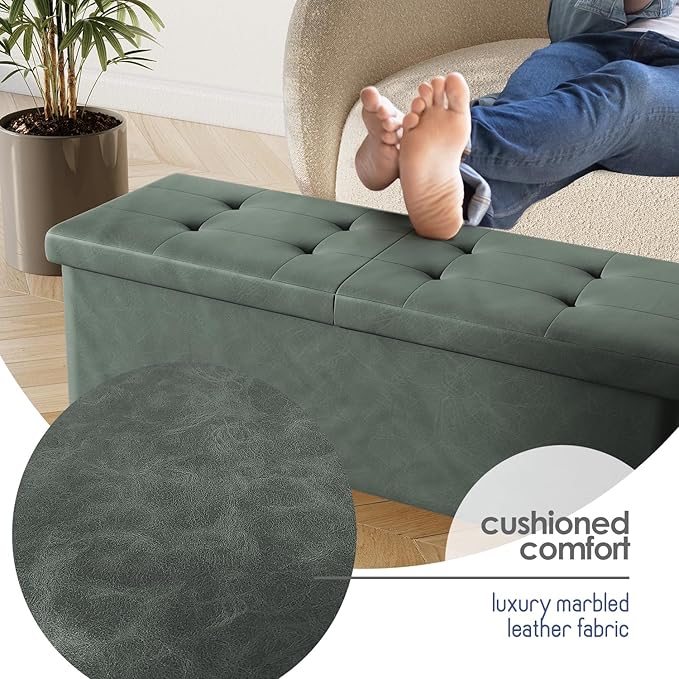 Storage Ottoman Bench with Bins, 43-in Storage Bench for Bedroom End of Bed, Folding Foot Rest Ottoman for Living Room Max 660lbs, Faux Leather Ottomans, Green