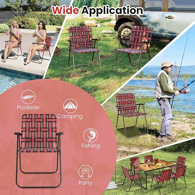 GYMAX Lawn Chair Folding, Webbed Beach Lounge Chairs Set with Highback, Outdoor Portable Lightweight Camping Dinning Chair for Patio, Lawn, Poolside, Sports, Garden, Backyard (2,Red)