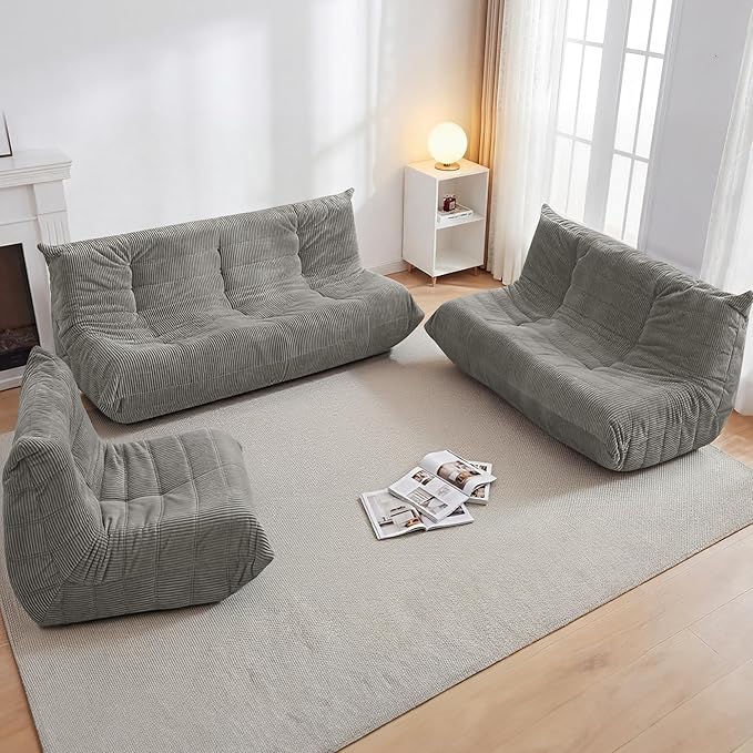 Bean Bag Chair,Giant Beanbag Chairs for Adults,Comfy Large Fireside Chair Lazy Sofa,Corduroy Bean Bag Lounger with Memory Foam Filled,Floor Sofa Couch for Living Room (Light Grey, Loveseat)