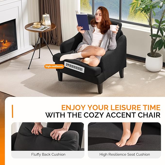 VINGLI Linen Fabric Accent Chairs Set of 2, Grey Modern Upholstered Armchair, Comfy Sofa Chair Living Room Bedroom Furniture for Apartment